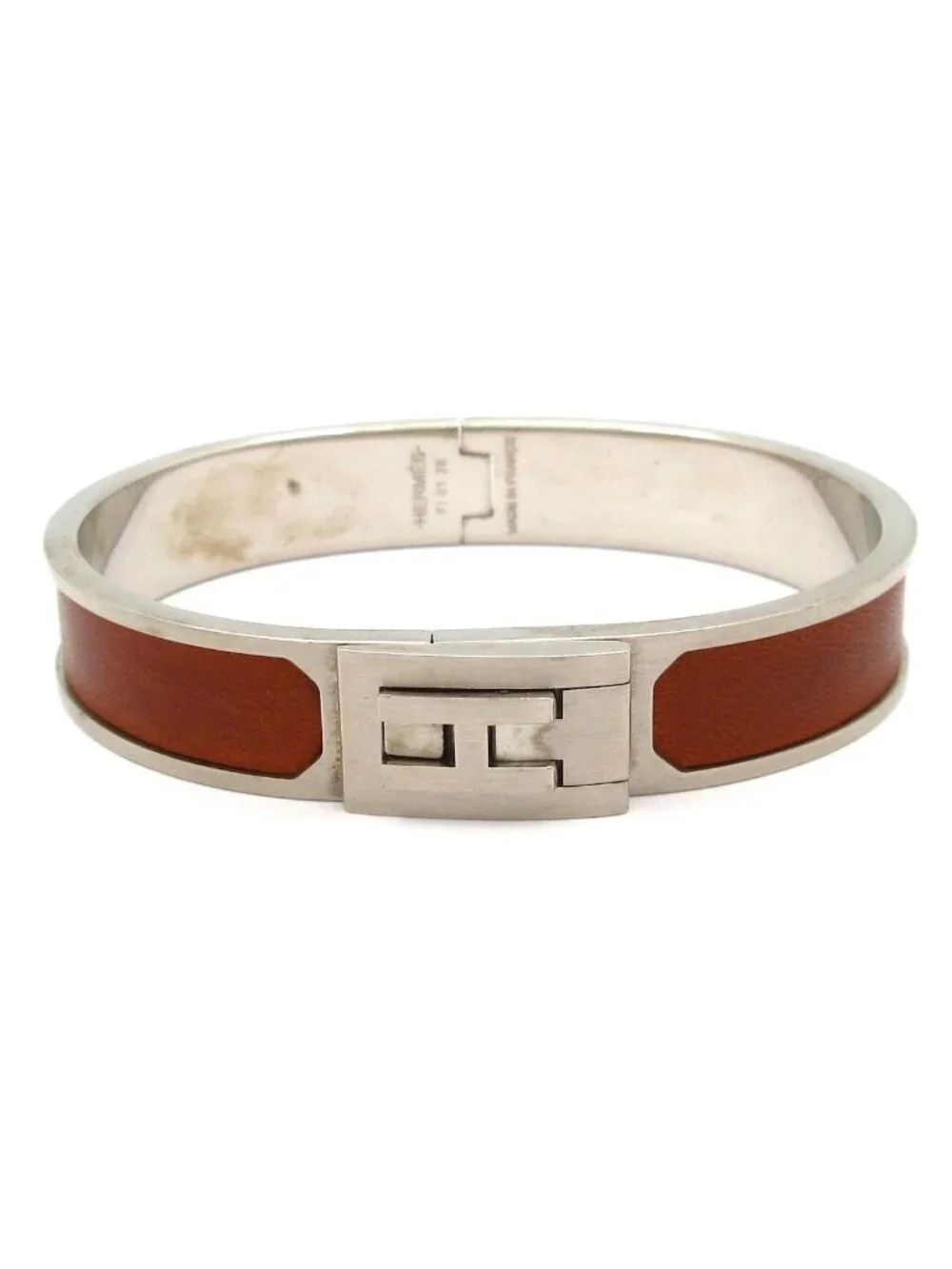 Hermes Bangle Leather Silver Brown Bracelet